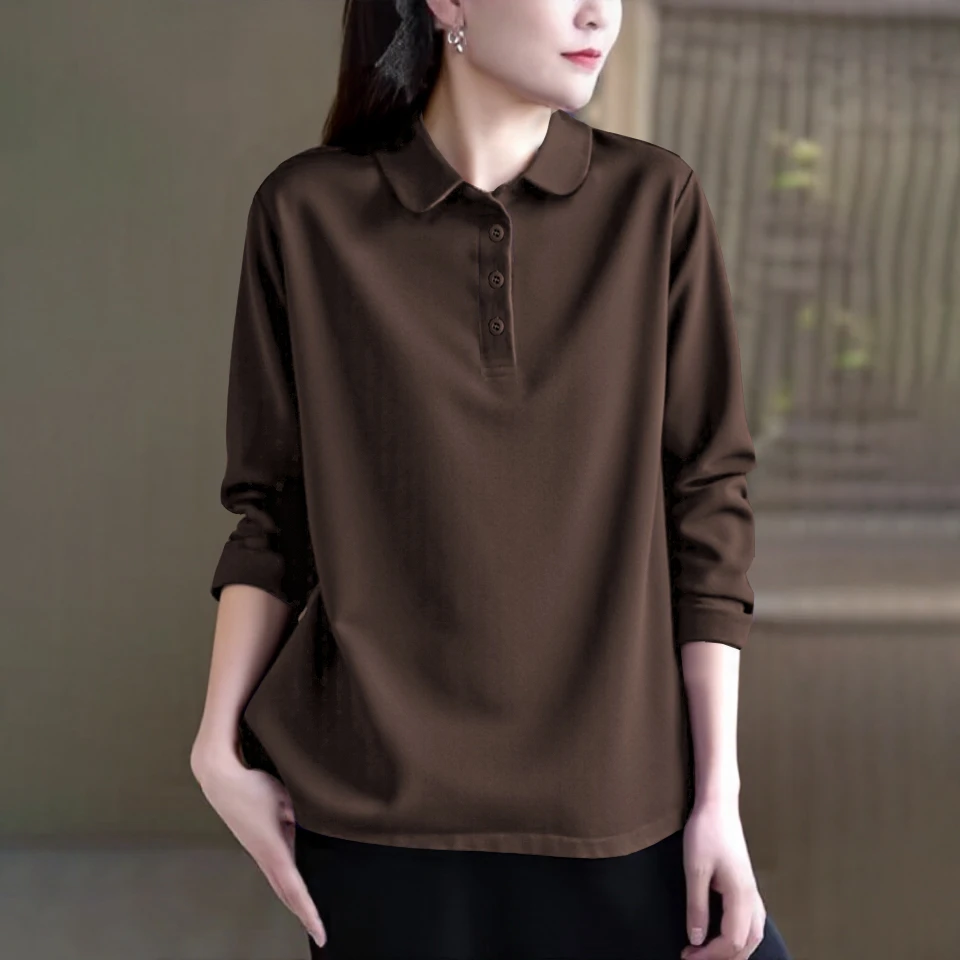 纯棉polo衫长袖上衣女春秋大码胖mm文艺T恤休闲显瘦时尚洋气衬衫