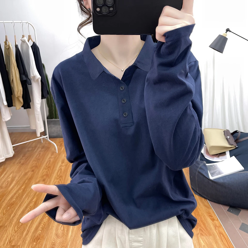 纯棉polo衫长袖宽松显瘦全棉打底上衣女装大码胖mm文艺T恤衫春秋