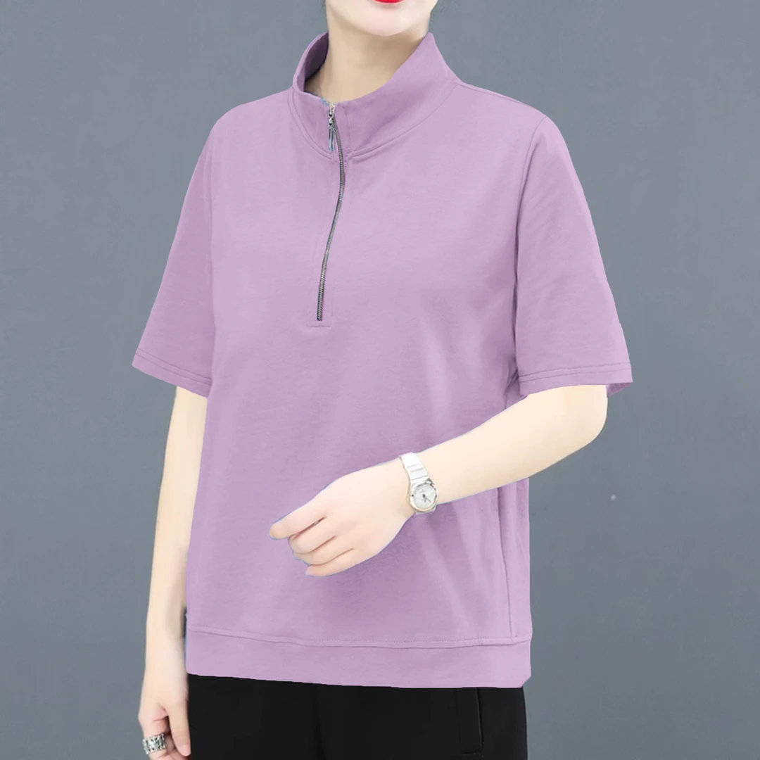 纯棉短袖T恤女夏季薄款体恤夏装休闲宽松半拉链高领大码时尚上衣