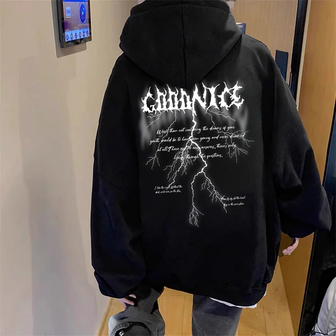 重磅双层连帽卫衣美式复古潮牌闪电字母印花男痞帅炸街宽松上衣