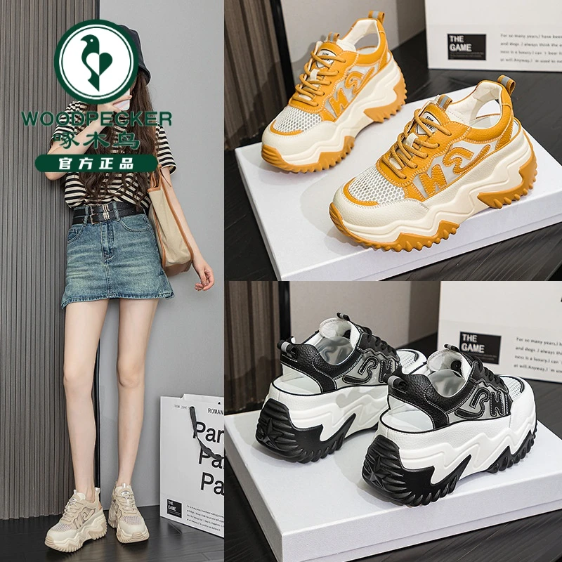 啄木鸟内增高7CM真皮老爹鞋女 2024春季新款百搭韩版厚底松糕休