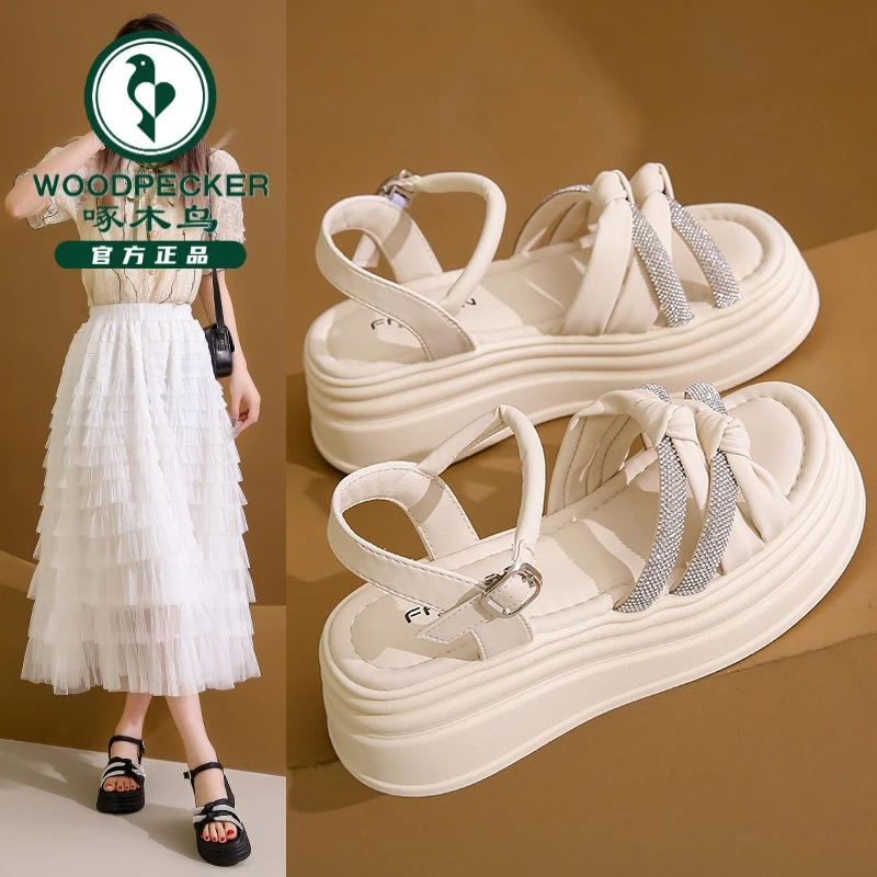 啄木鸟凉鞋女新款夏季爆款外穿厚底百搭绑带平底软底森系拖鞋