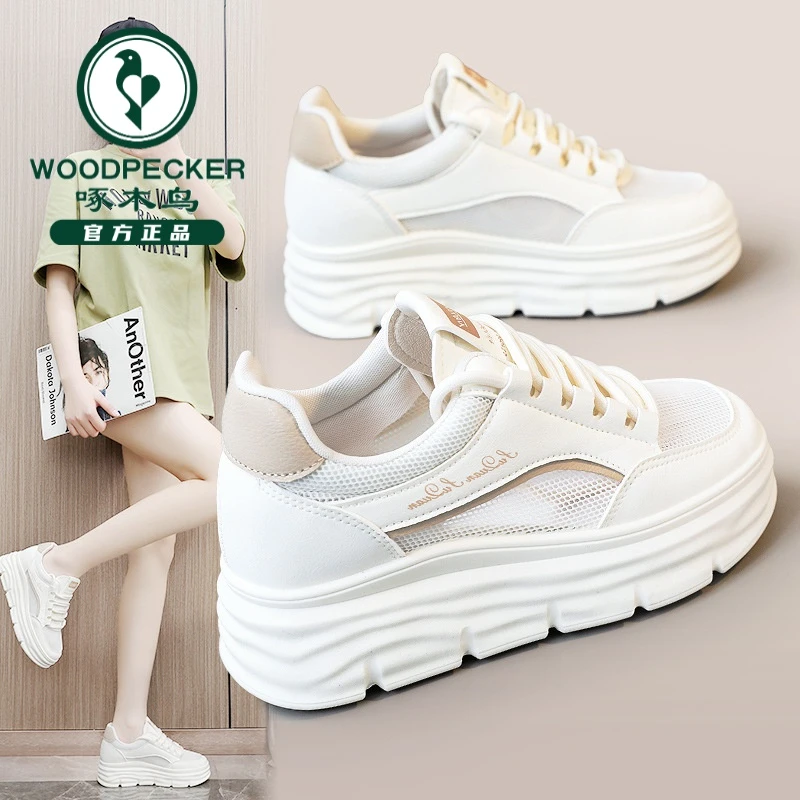 啄木鸟新款小白鞋春夏季镂空网面内增高厚底学生百搭流行运动