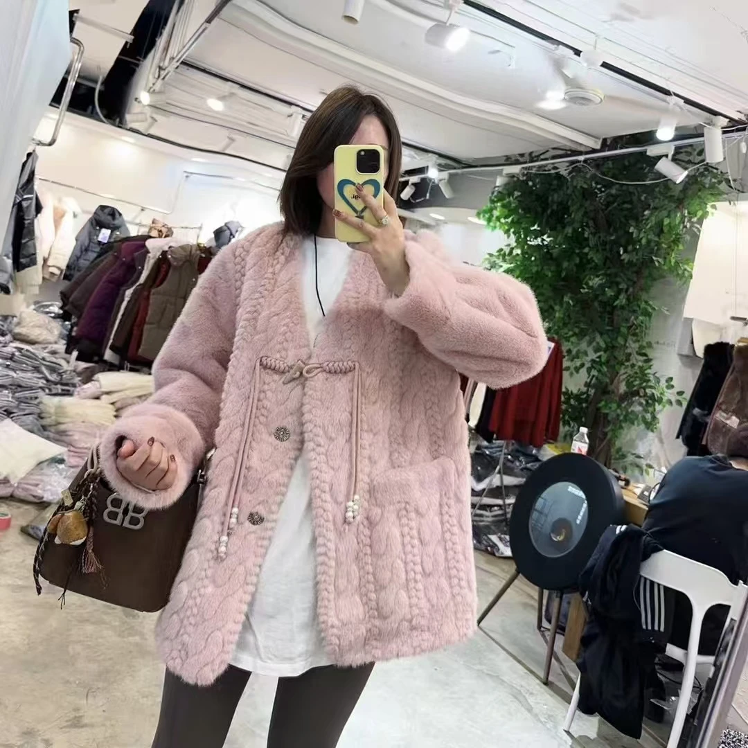 胖胖家*8839新款国风设计感盘口麻花毛毛显瘦外套