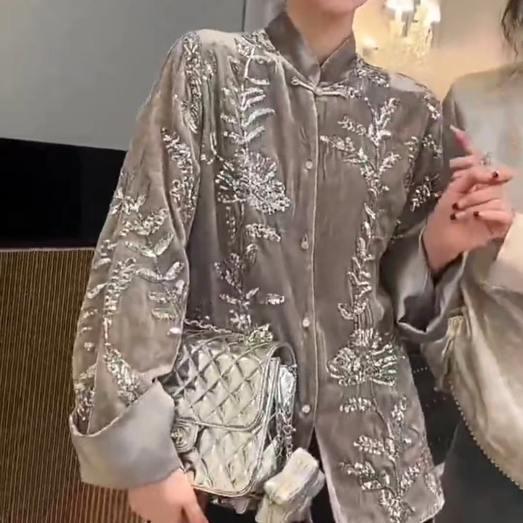 新中式女超好看中国风加绒加厚重工亮片钉珠丝绒外套