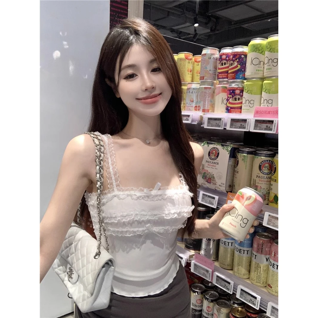 新款设计感小众一字肩吊带美背背心女纯欲甜辣妹露脐短款上衣女夏