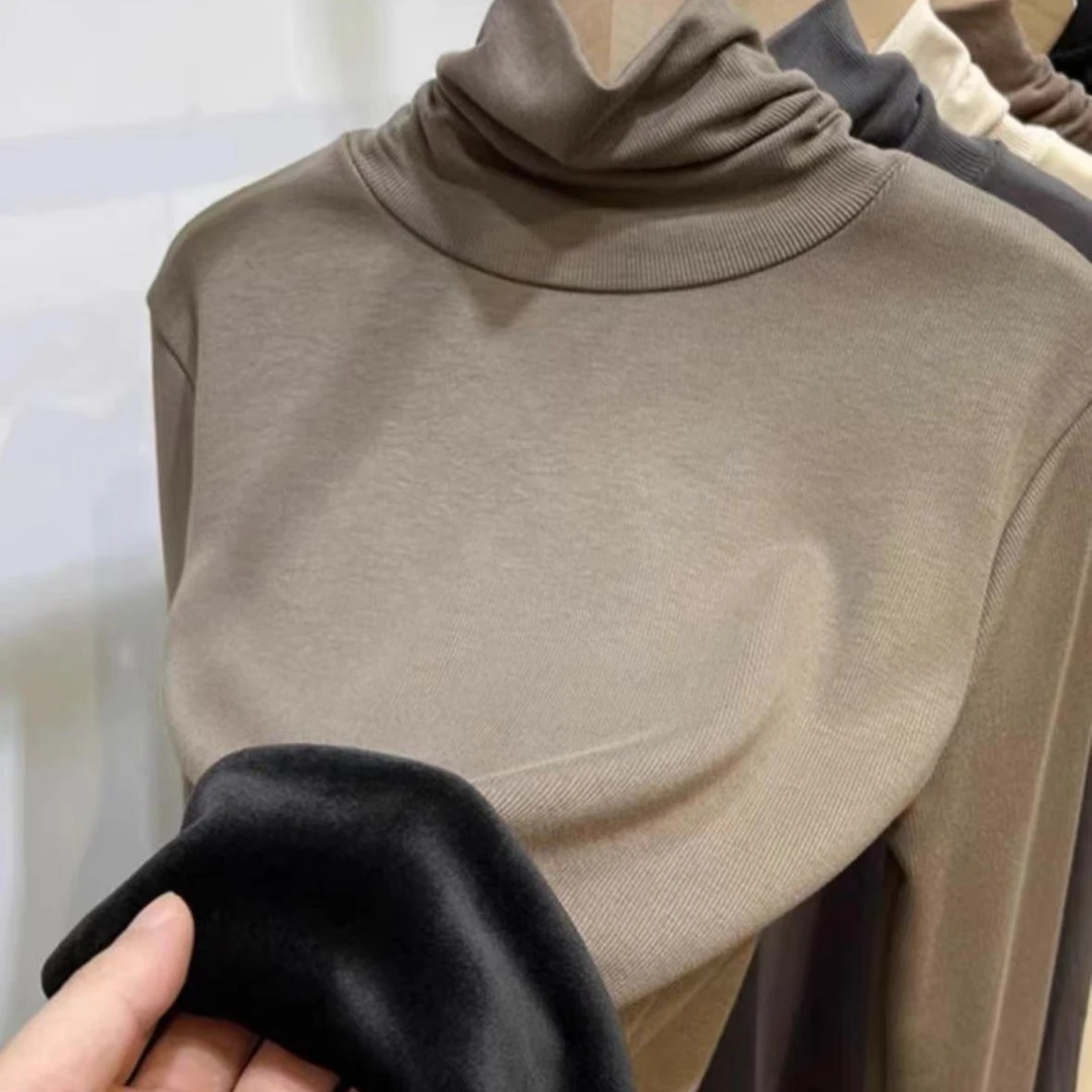 高领加绒加厚一体绒螺纹T恤秋冬新款保暖内搭打底衫上衣