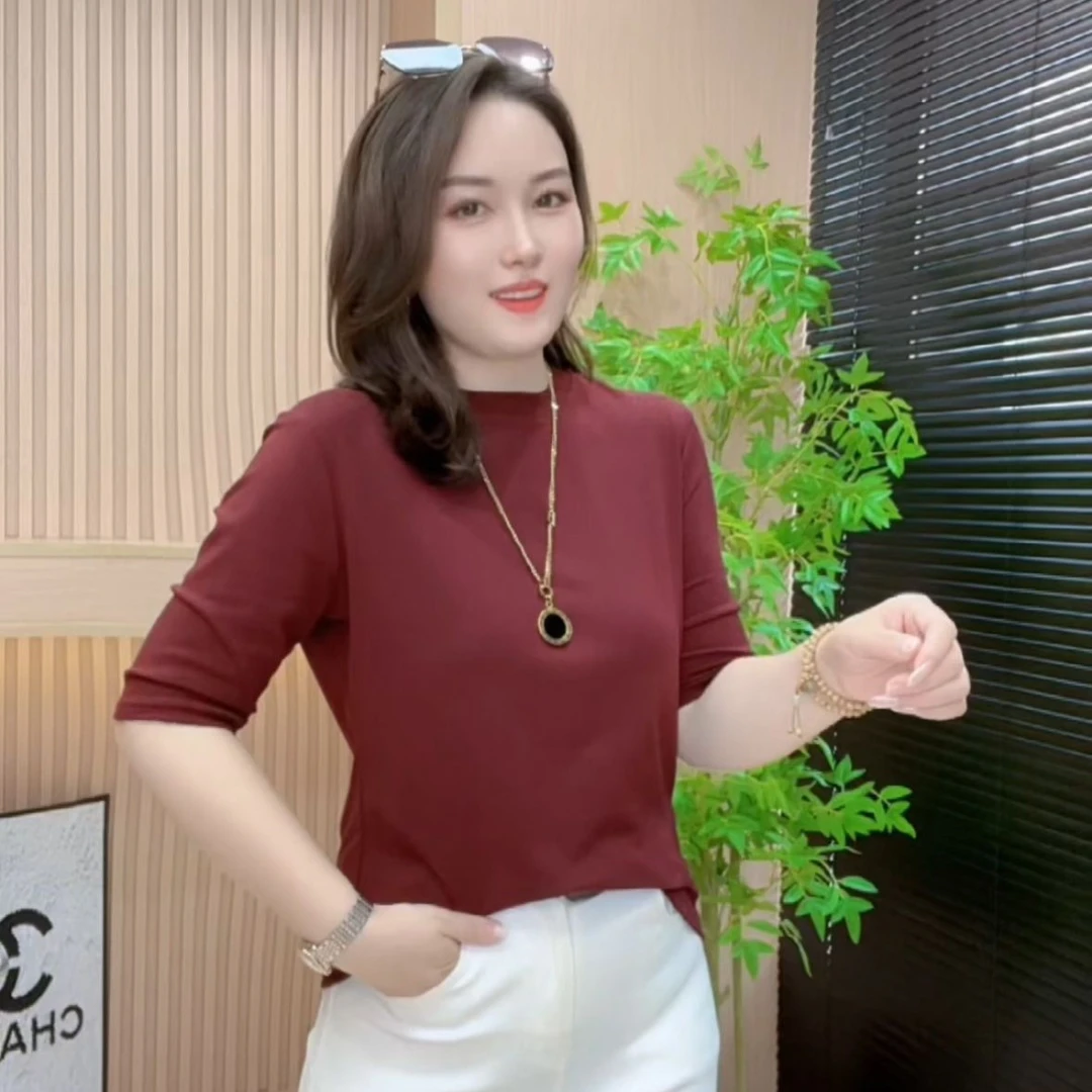 2025春夏新款圆领五分袖T恤百搭显瘦半袖打底衫洋气简约纯色上衣