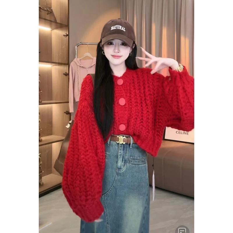 韩系灯笼袖复古粗针短款毛衣开衫女秋冬设计感慵懒风针织上衣外套