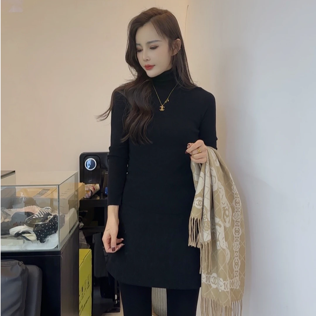 螺纹高领长袖打底衫女秋冬季纯色简约修身显瘦百搭打底上衣