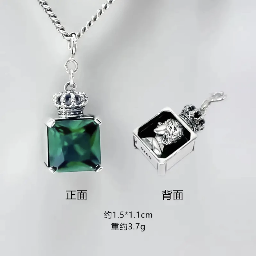 吊坠925银 绿锆石皇冠双面吊坠复古小众80