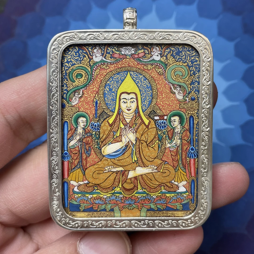 高订 独张 青海热贡名画师纯手绘宗喀巴4×5小卡一幅吊坠挂件