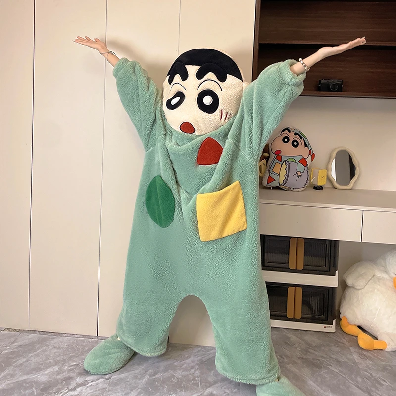 毛茸茸蜡笔小新连体睡衣冬季珊瑚绒加厚宽松保暖家居服日系二次元