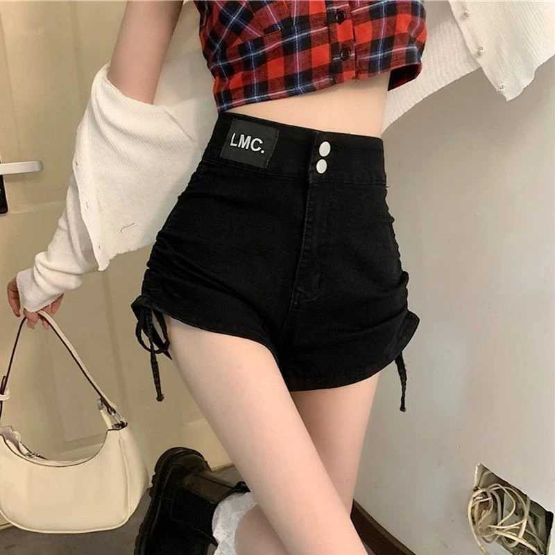 chic社会高腰抽绳牛仔短裤女夏韩版时尚大码宽松显瘦a字阔腿热裤