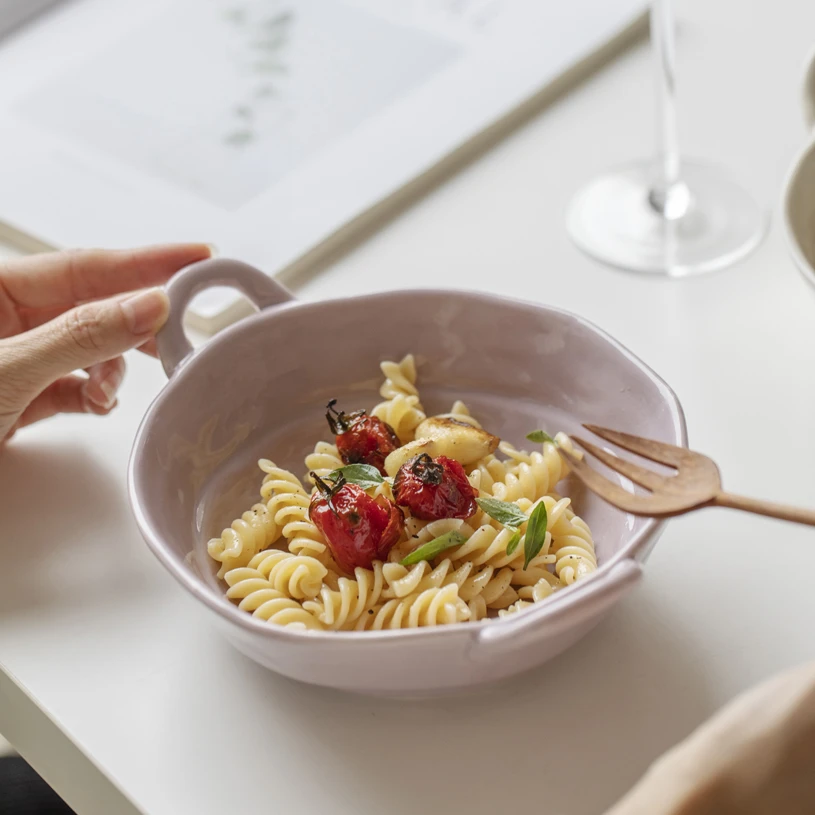 奶油风餐具不规则双耳汤碗高颜值ins沙拉碗家用陶瓷创意酸奶碗