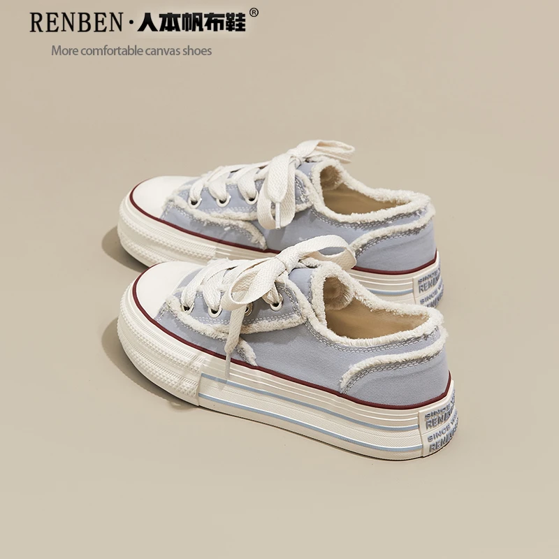 人本2025秋季新款帆布鞋女轻薄厚底百搭透气毛边乞丐韩版港风潮鞋
