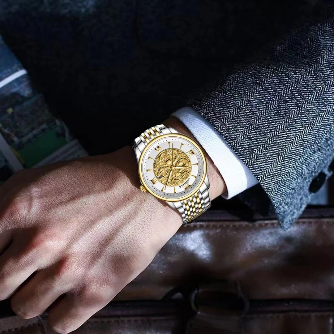 经典真金祥龙浮雕防水间金钢带男腕表m6800 -tz