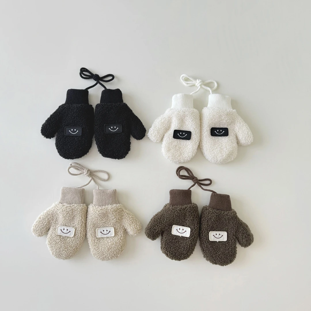 儿童手套2025新款加绒加厚ins男童女童保暖挂脖卡通手套笑脸INS