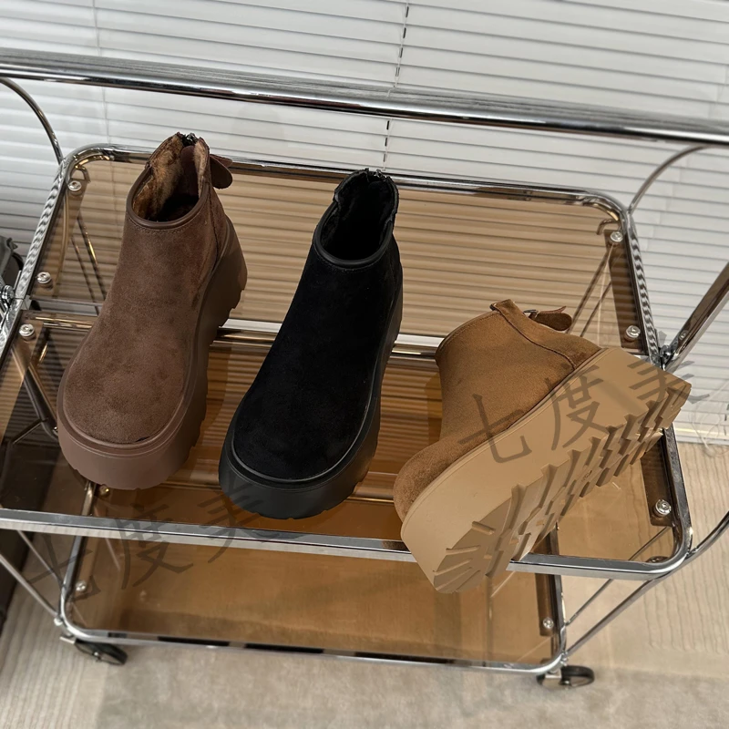 磨砂绒面厚底松糕小个子增高勃肯棉鞋时尚休闲百搭圆头低帮短靴