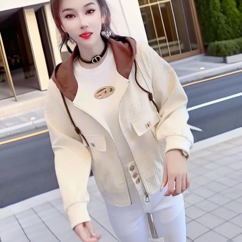 春秋爆款拼色夹克外套女连帽休闲短款百搭棒球服学院风减龄上衣潮