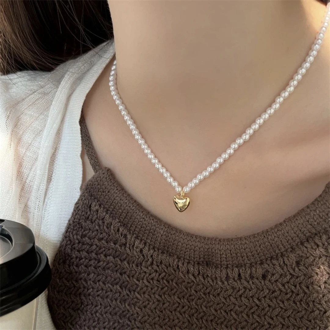 合金仿珍珠项链 4mm链子 金属爱心 温柔气息甜美淑女