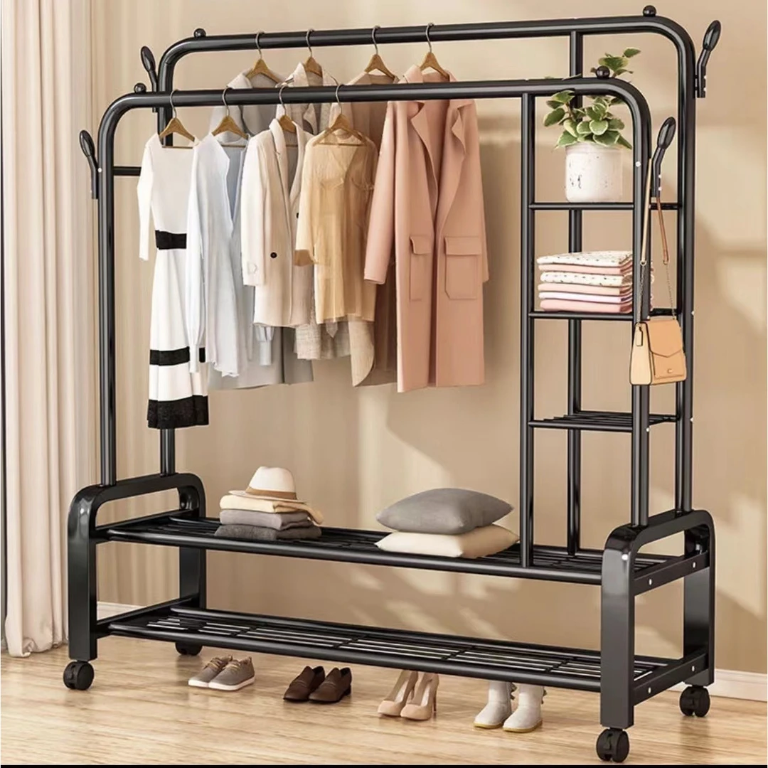 简易双杆晾衣架落地家用卧室挂衣架阳台晾衣杆室内衣服架子置物架