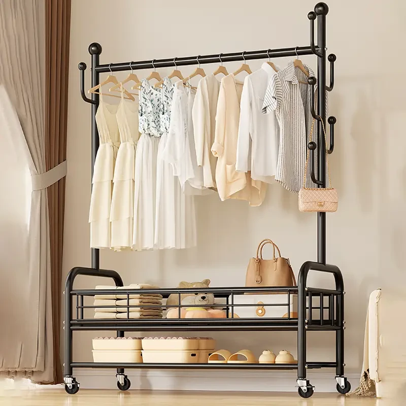 晾衣架落地家用可移动卧室凉衣架阳台挂衣服架子室内简易杆衣帽架