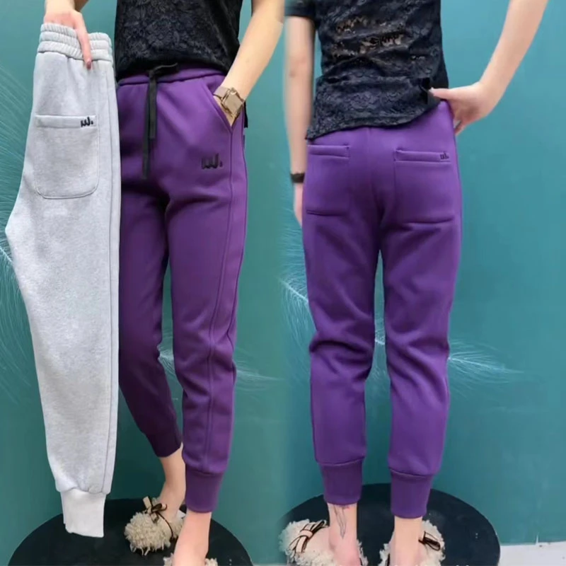 欧货秋冬新款加绒加厚卫裤高腰显瘦哈伦裤时尚百搭运动裤保暖舒适
