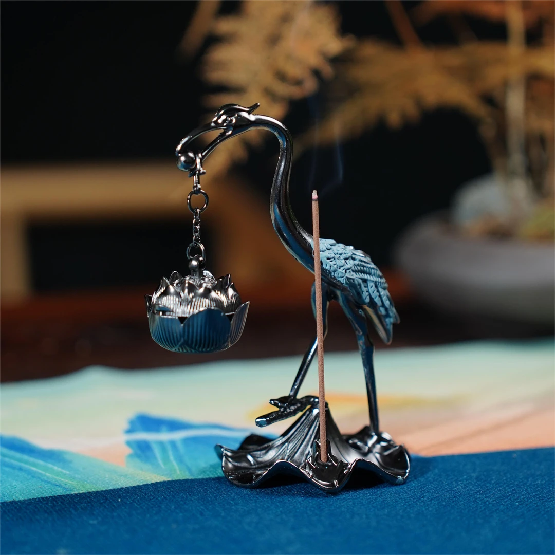 新创意蓝色仙鹤莲花吊炉复古香炉茶道摆件香薰茶室薰香炉摆件香插