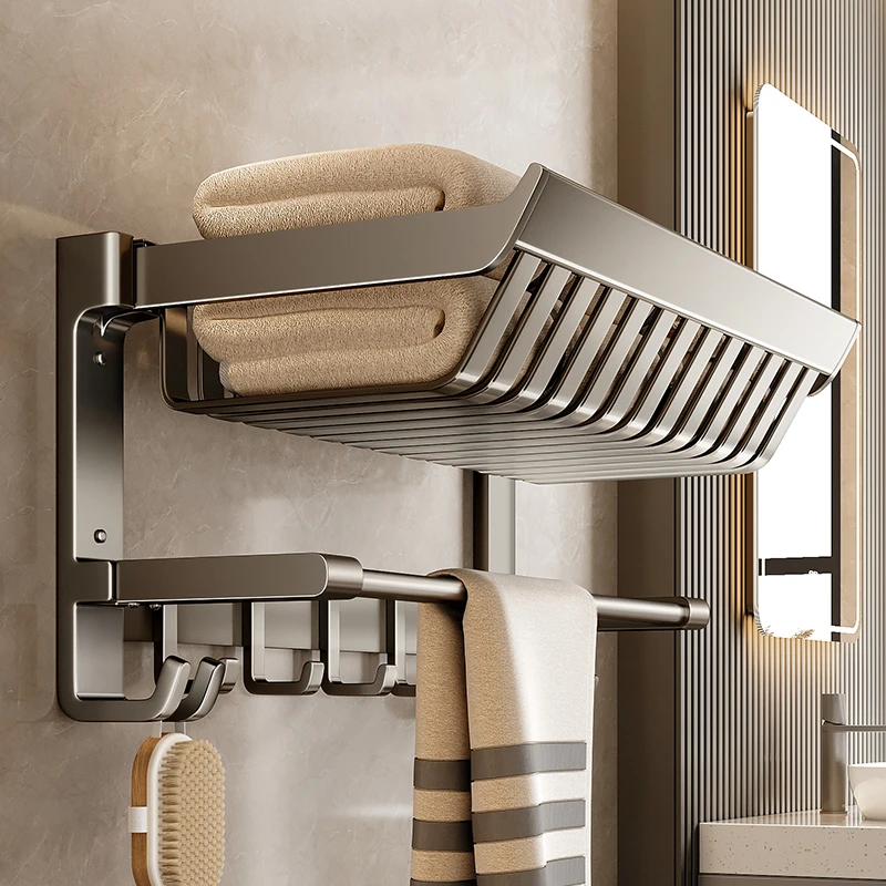 天地鱼网篮浴巾架可折叠加高置物架多功能免打孔壁挂浴室毛巾架