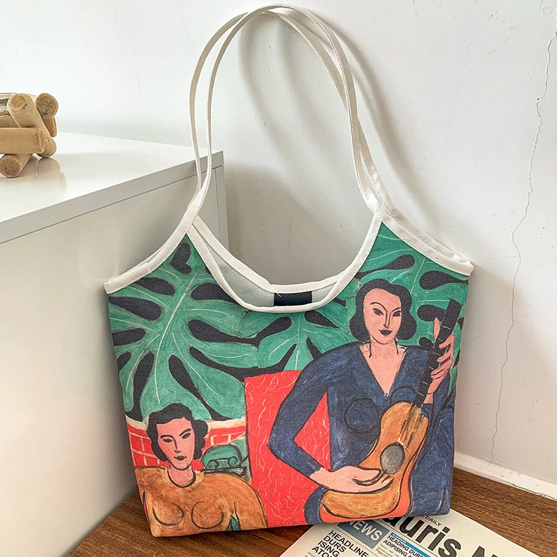 2024油画帆布新款潮大容量单肩包休闲时尚简约手提包托特包