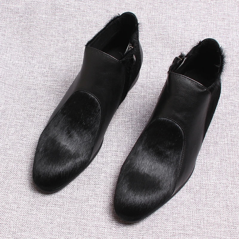 冬季新款休闲高帮皮鞋男英伦真皮男靴子中帮男士皮靴马毛切尔西靴