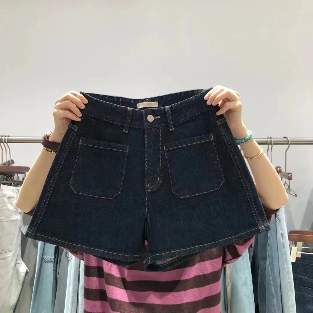 kabodo83381巴布牛仔短裤女夏季薄款热裤欧货普洗色高腰A字阔腿裤