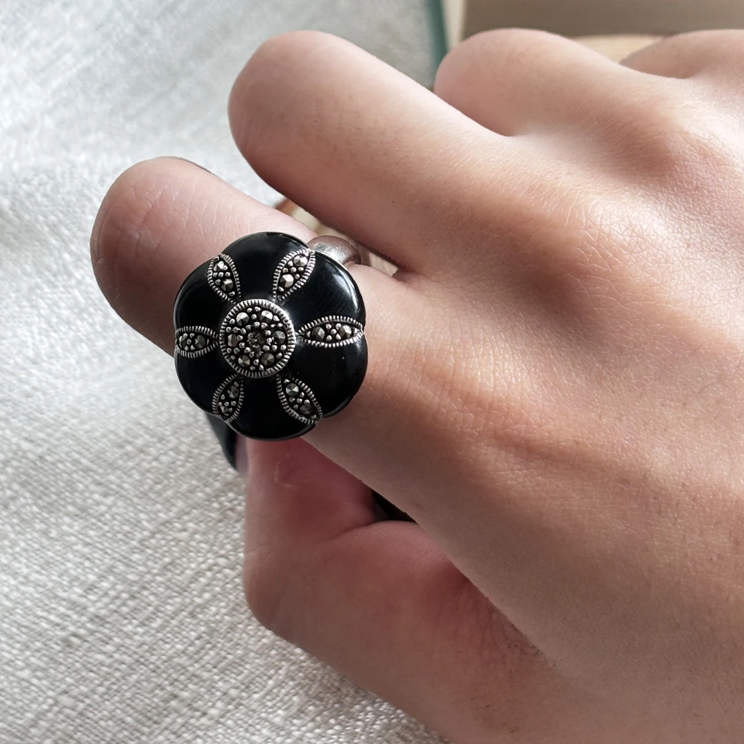 925银树脂戒指 石银复古银饰做旧925纯手工工艺Vintage树脂女戒指