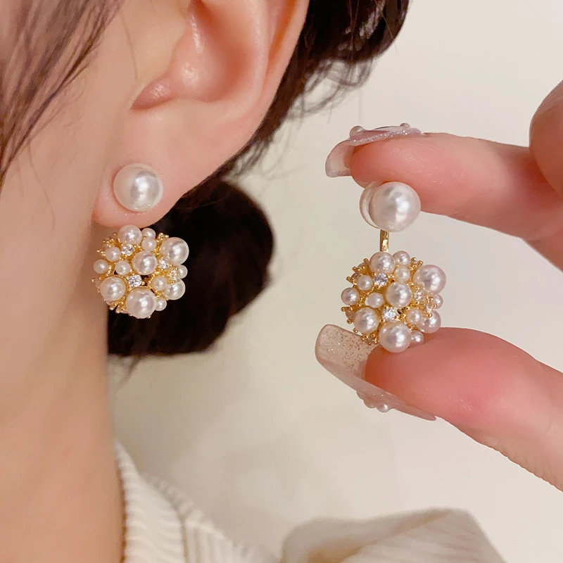 铜合金耳饰 303【手捧花耳钉】设计感前后两戴珍珠耳环法式女复古