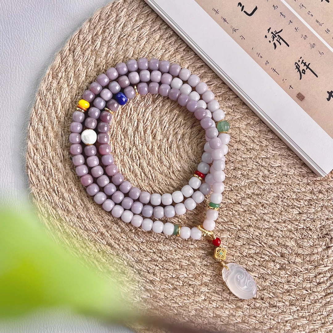 白玉菩提9*8mm海里云垂108项链天然菩提手串+盘玩袋