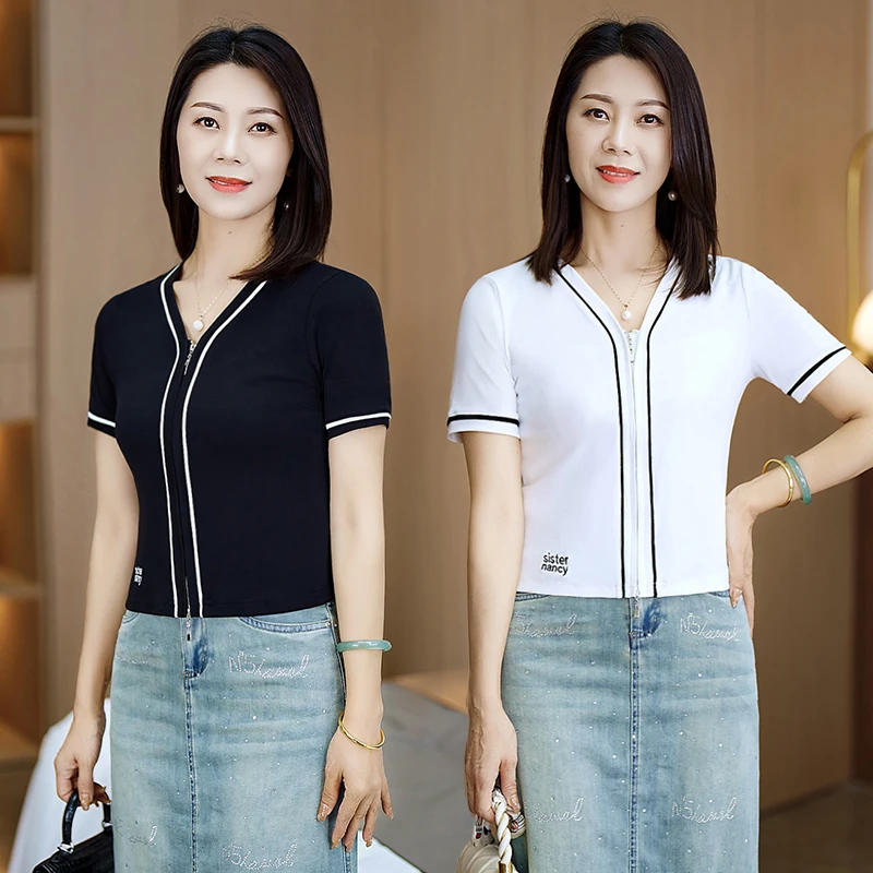 短款V领显瘦短袖t恤女士夏季薄款冰丝上衣小个子减龄百搭修身开衫