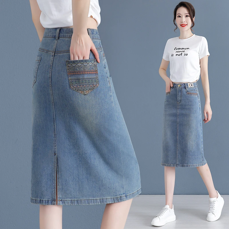 超软天丝牛仔裙小个子夏季薄款显瘦半身裙大码开叉高腰A字裙中长