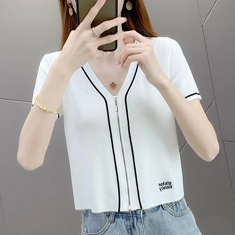 小个子显高显瘦短款T恤女夏季薄款百搭刺绣开衫小V领外搭减龄上衣