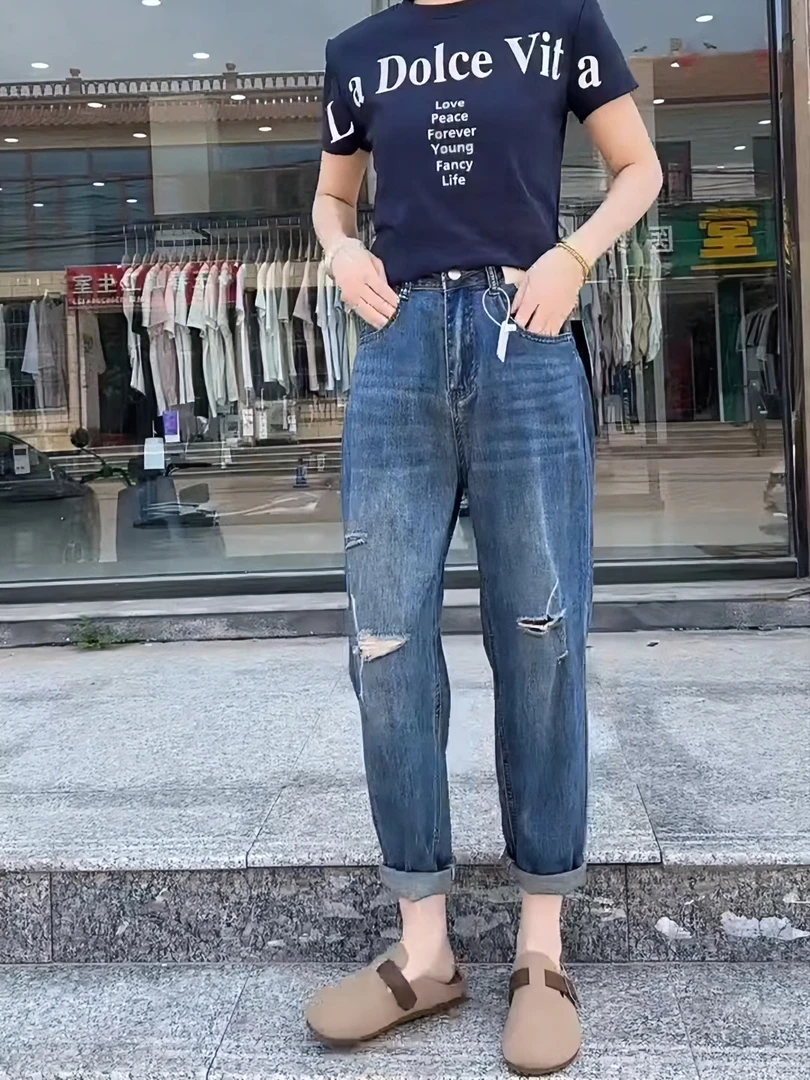 女森说2025夏季新款破洞牛仔裤大码女装胖MM显瘦九分弹力哈伦裤