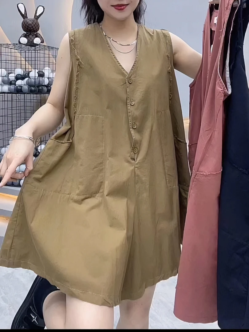 女森说大码女装无袖V领阔腿连体裤夏季新款宽松显瘦休闲连体短裤