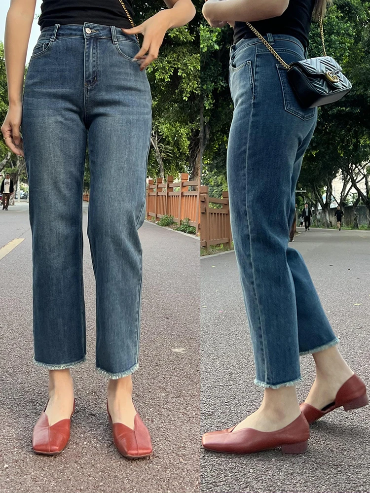 大码女装直筒牛仔裤胖MM高腰显瘦流苏法棍裤春秋季新款九分烟管裤
