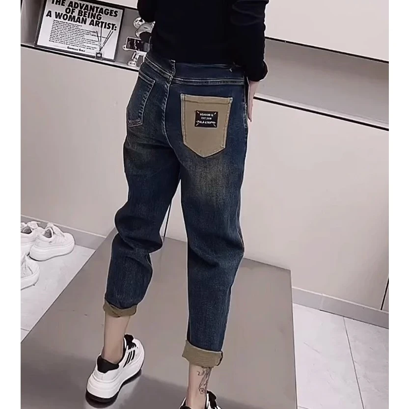 大码弹力哈伦牛仔裤女2025春夏季老爹裤高腰显瘦遮胯九分直筒裤