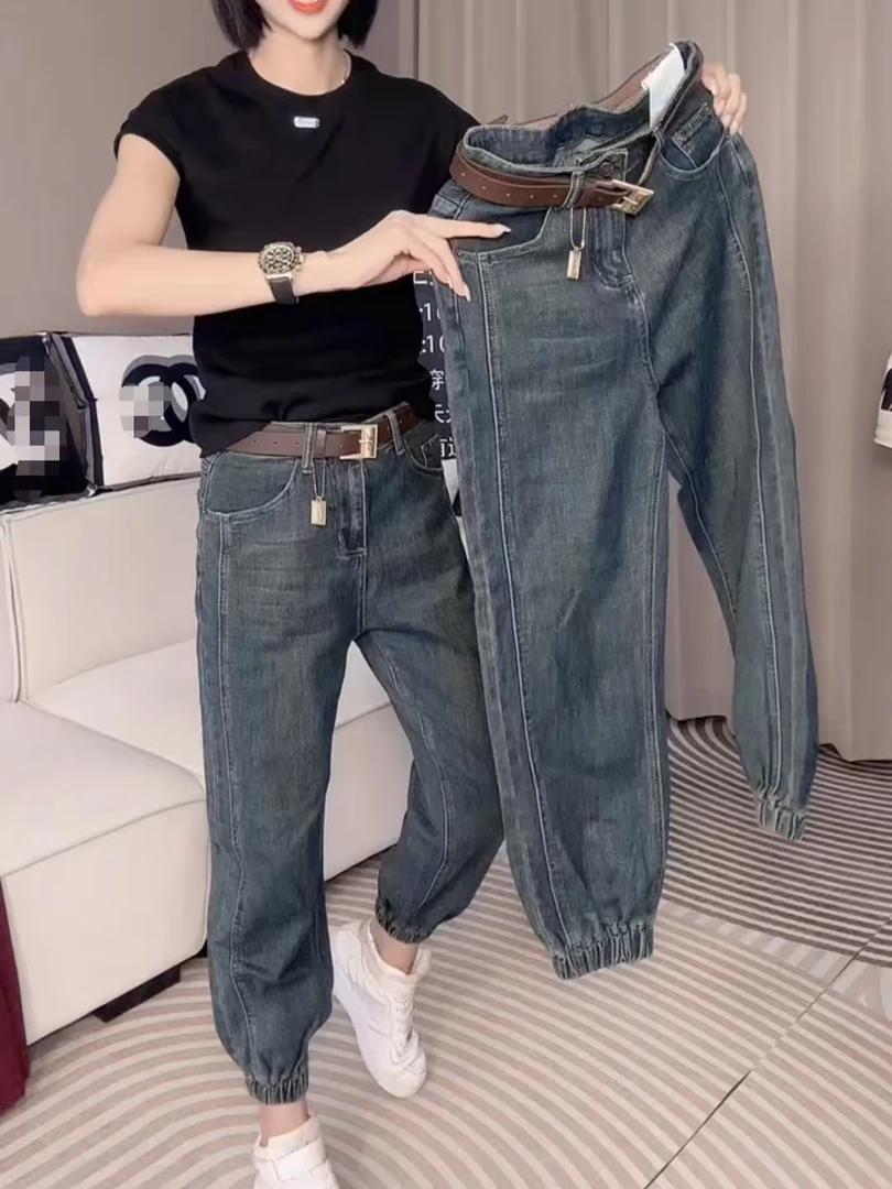 女森说新款大码女装束脚哈伦牛仔裤胖MM梨形身材遮肉显瘦九分裤