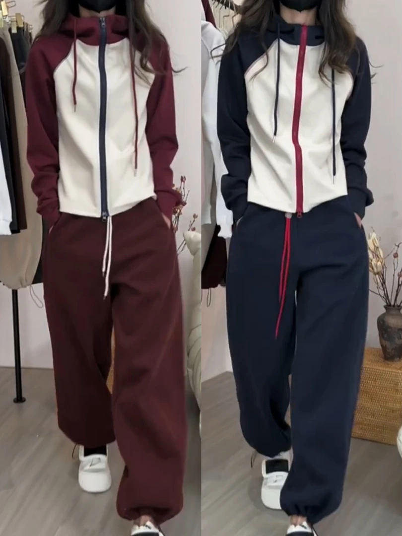 女森说秋季新款时尚套装撞色连帽卫衣外套抽绳束脚卫裤显瘦两件套
