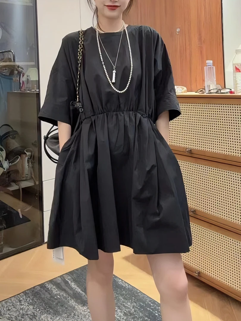 女森说大码连衣裙夏季新款法式褶皱圆领收腰蝙蝠袖女装显瘦连衣裙