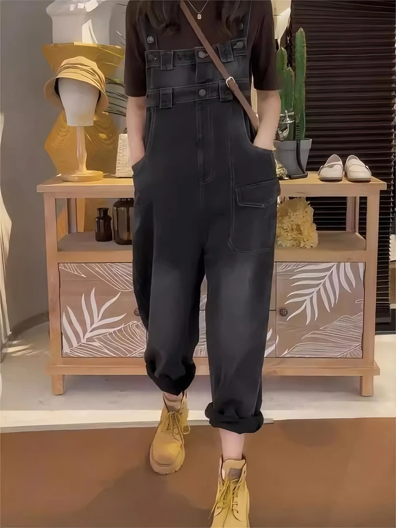 2025年春秋新款梨形身材微胖大码女装牛仔背带裤子女显瘦宽松显瘦