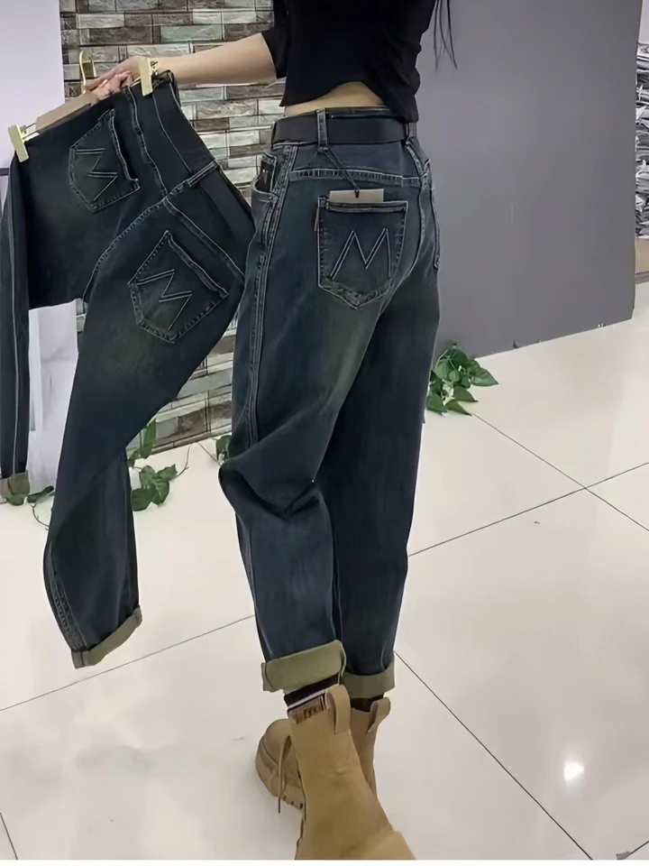 女森说大码春季新款刺绣哈伦牛仔裤女胖MM梨型身材遮胯显瘦老爹裤