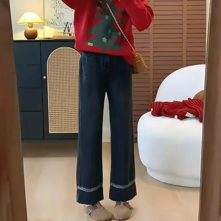 2025春季新款拼接设计感窄版直筒牛仔裤女高腰显瘦宽松阔腿九分裤