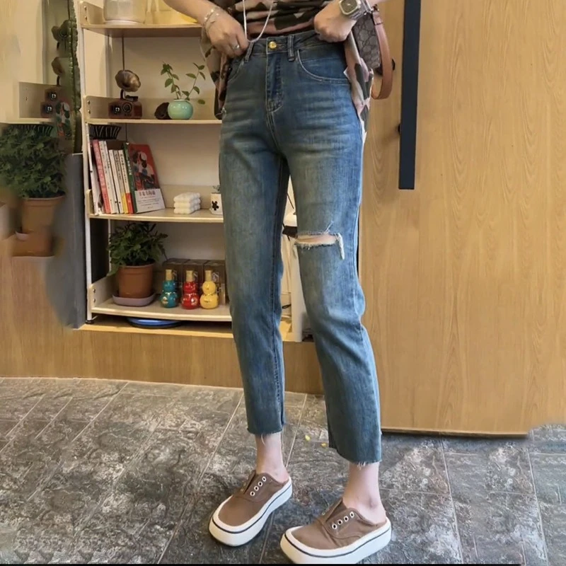 女森说梨形身材裤子大码高腰薄款破洞牛仔裤女夏季胖mm显瘦烟管裤